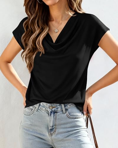 BTFBM Cowl Neck Tops for Women 2026 Summer Womens Tops Dressy Casual Business Blouses Short Sleeve Shirts Spring Outfits(Black, Medium)