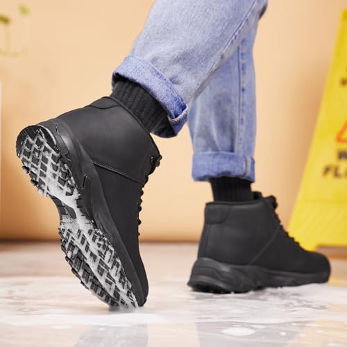 SHULOOK Non Slip Work Boots for Men Slip Resistant Shoes Waterproof Food Service Chef Kitchen Restaurant Working Boots Casual Leather Ankle Boot Outdoor Walking Booties Black Size 8.5