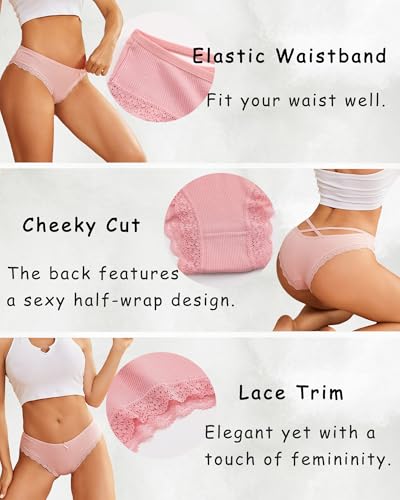 ALL OF ME Women Cotton Underwear Sexy Criss Cross Lace Trim Low Rise Cheeky Bikini Panties 6 Pack