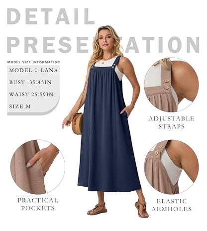 Lepunuo Overall Dress for Women Summer Long Dresses Adjustable Jumpers Casual Cover up with Pockets A - Navy Blue