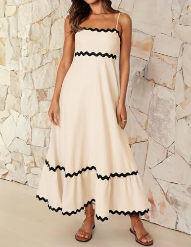 ZESICA Women's 2025 Summer Spaghetti Straps Sleeveless Backless Sundress Flowy Smocked Lace Swing A Line Midi Dress,Apricot,Small