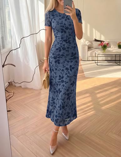 ZESICA Women's Summer Short Sleeve Floral Sun Dress 2026 Mesh Bodycon Wedding Guest Cocktail Party Maxi Dresses Dusty Blue Medium