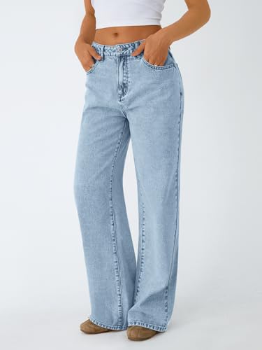Trendy Queen Women's High Waisted Straight Wide Leg Jeans, Comfort Stretch Baggy Denim Pants SBlue 10