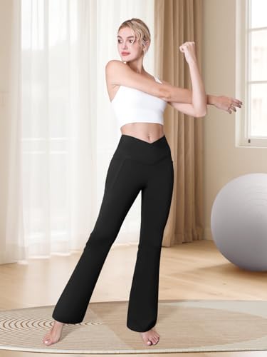 COPYLEAF Flare Leggings with Pockets for Women Seamless Crossover Yoga Pants with Tummy Control Bootcut Work Pants Trendy Black