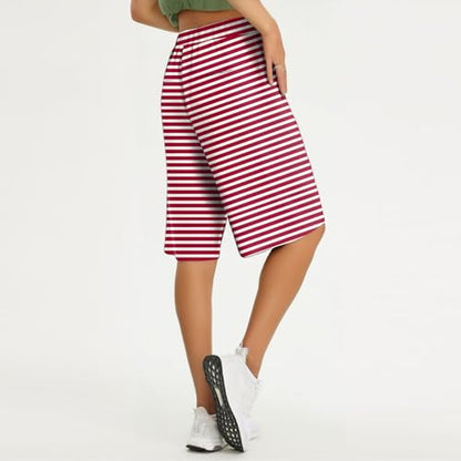 Womens Bermuda Shorts Linen Knee Length Plus Size Elastic Waist Loose Baggy Red Women Shorts for Seniors High Waisted Beach Vacation Flowy Red Capri Pants Linen Clothes for Seniors