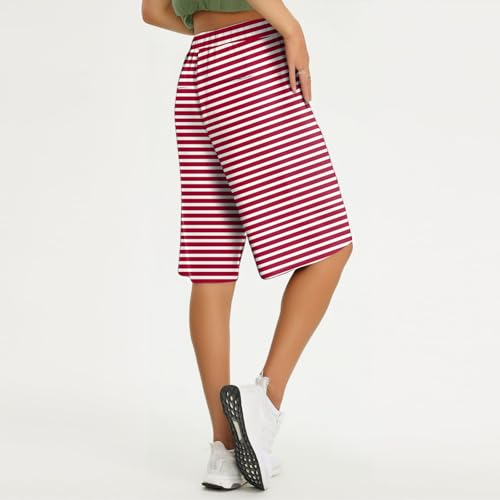 Womens Bermuda Shorts Linen Knee Length Plus Size Elastic Waist Loose Baggy Red Women Shorts for Seniors High Waisted Beach Vacation Flowy Red Capri Pants Linen Clothes for Seniors