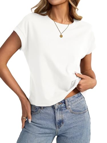EasyGala Womens Cap Sleeve Crop Tops Cotton T Shirts Crewneck Loose Fit Short Sleeves Tee Summer Fashion Clothes 2025 A-White
