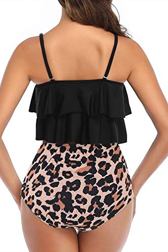 Womens High Waisted Bathing Suits Flounce Halter Tank Top Bikini Bottoms Tummy Control Modest Swimwear Two Piece Swimsuits Tankini Leopard L