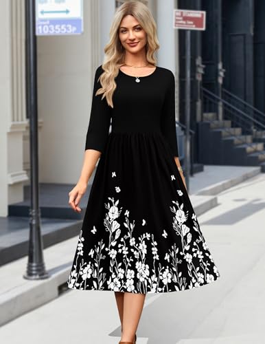 Zeagoo Midi Dress for Women 2026 Casual 3/4 Sleeve Long Dress Floral Summer Boho Dress Hawaiian Vocation Beach Sundress