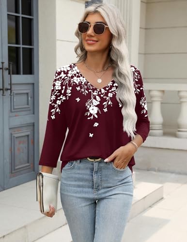 Zeagoo Womens Blouses Dressy Casual 3/4 Length Sleeve Ladies Tops Boho Floral Tshirts Soft Blouses for Women Plus Size