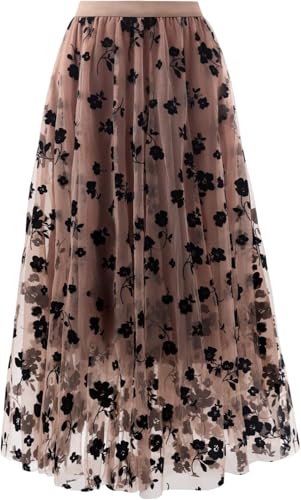 Reaowazo Skirts for Women Midi Long Length Dressy Casual Trendy Summer Tulle A-Line Floral High Waist Skirt Khaki S-M