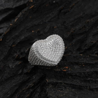 Gryvox Heart Shaped Moissanite Ring with Full Pavé Setting, Unisex Hip Hop Band with Comfort Fit, Romantic Gift for Couples and Lovers (White,7)