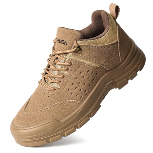Furuian Steel Toe Shoes for Men Comfortable Lightweight Work Shoes for Men Low Top Steel Toe Safety Puncture Proof Slip Resistant Construction Shoe Brown