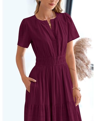 BTFBM Womens Summer 2026 Casual Midi Maxi Dresses Lightweight Short Sleeve V Neck Elastic Waist Boho Beach Dress Pockets(Wine Red, Large)