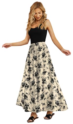Yincro Women's Flowy Maxi Skirt Summer Pleated High Waisted Casual Long Skirts with Pockets (Black Flower Light Beige, XL)
