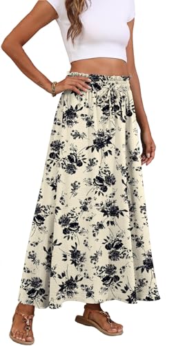 Askyes Womens Maxi Skirts Elastic High Waisted Casual Floral Flowy Wedding Guest Long Skirts with Pockets,XL