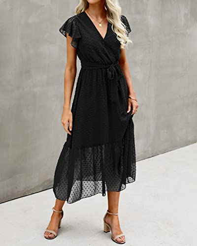 BTFBM Women Summer Bohemian Floral Casual Wrap V Neck Ruffle Cap Sleeveless Belt A-Line Pleated Hem Swing Midi Sun Dress (Swiss Dot Black, l)