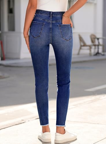 SHEWIN High Waisted Jeans for Women Skinny Fit Shaping Stretchy Jeans Trendy Raw Hem Denim Pants for Women 2026 Dirty Blue Size 4