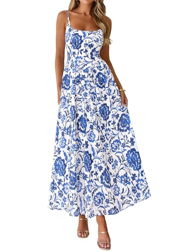 PRETTYGARDEN Womens 2026 Spring Boho Maxi Dress Eyelet Floral Long Flowy Sundresses Summer Beach Vacation Clothes (Floral White Blue,Medium)