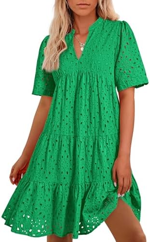Easter Dress Women - BTFBM Womens Boho Summer Dresses 2025 Resort V Neck Short Sleeve Hollow Out Lace Ruffle Casual Beach Mini Vacation Dress Green
