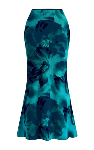 PRETTYGARDEN Women's Floral Print Mesh Long Skirt High Waisted Bodycon Fishtail Flowy Summer Maxi Skirts for Women Trendy (Floral Lake Blue, Medium)