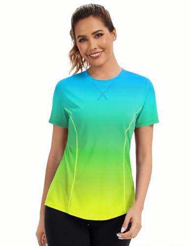 Avoogue Women's Activewear Short Sleeve UV Shirts Moisture Wicking Loose Workout Running Gym Tops Outfits Rashguard(Blue Gradient Yellow,L)