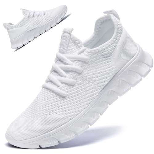 RJYWGS White Sneakers for Women Men Tennis Shoes Running Gym Sneaker Slip On Walking Lightweight Athletic Workout Fashion Sports Shoes White Size Women 8.5/ Men 7