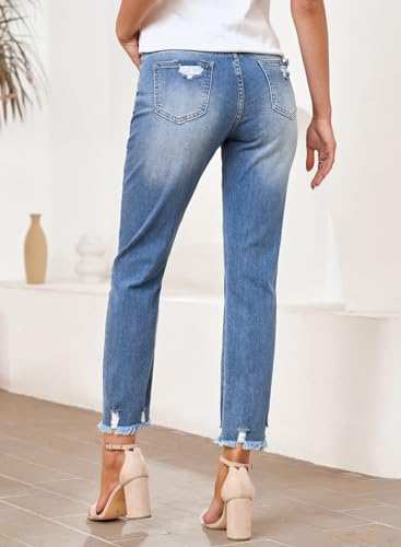 EVALESS Womens Jeans Stretchy High Waisted Pull On Ripped Distressed Jean Tummy Control Straight Ankle Denim Pants Sky Blue Size 8