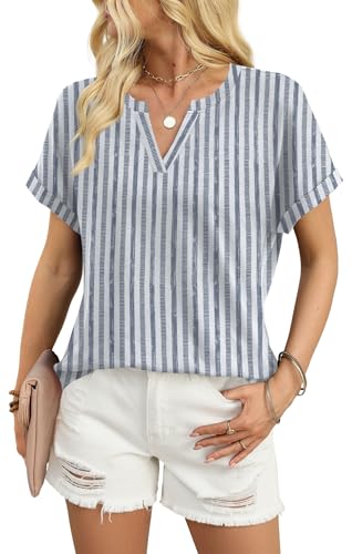 WIHOLL Womens Boho Tops 2026 Summer Short Sleeve Tshirts Shirts Spring Dressy Casual Blouses Airport Trendy Outfits L Blue Stripe