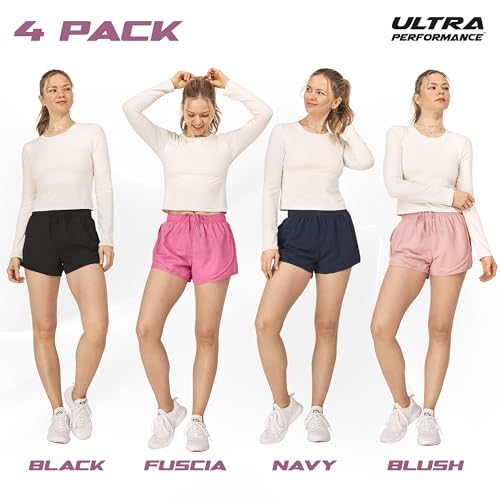 Ultra Performance Women's Running Shorts 4-Pack Athletic Workout Gym Shorts for Women, with Brief Liner