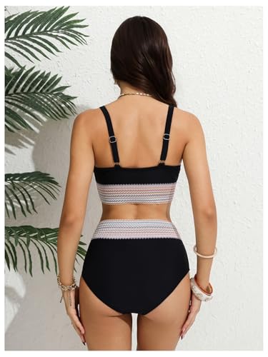 SOLY HUX Women's High Waisted Bikini Deep V Neck Two Piece Swimsuit Tummy Control Bathing Suits Swimwear Black Multi Medium