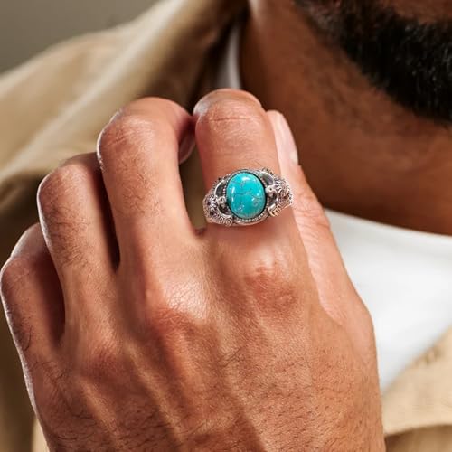 DOLIOX 925 Sterling Silver Real Turquoise Thunderbird Ring for Men 11x9 mm Gemstone Eagle Sun Native American Rings Vintage Jewelry for Man Size 11
