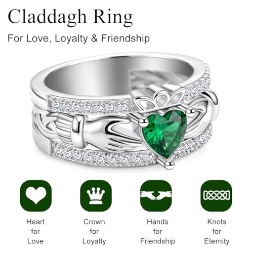 LYTTMAB Claddagh Ring For Men, Lab Created Green Emerald Sterling S925 Silver Irish Celtic Knot Ring Men's Wedding Band Promise Engagement Ring Size 9
