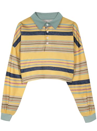 Natalie Winters Dress - Remidoo Women's Collared Half Button Long Sleeve Striped Crop Top Sweatshirt Yellow P