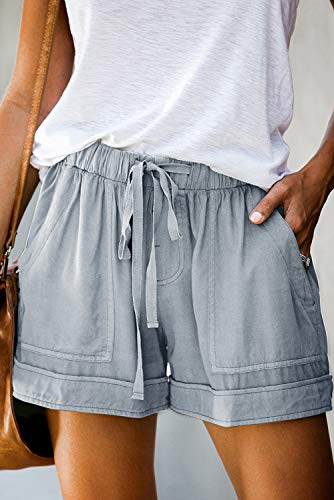 Mosucoirl Women Comfy Drawstring Casual Elastic Waist Pure Color Shorts Summer Beach Lightweight Short Pants with Pockets(A Light Blue,Large)