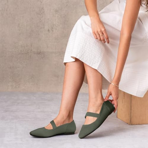 TINGRISE Women's Flats Shoes Pointed Toe Knit Washable Ballet Comfortable Dressy Mary Jane Flat Green US9