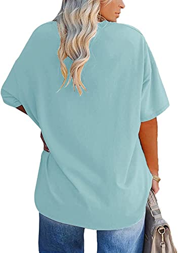 Fisoew Women's Plus Size V Neck T Shirts Summer Half Sleeve Oversized Tees Casual Loose Fit Tunic Tops Light Blue