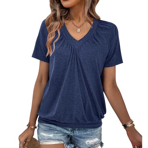 2 Pack Summer Tops for Women V Neck Shorts Sleeve Casual Ruched Tops Women T Shirts Clothes Trendy 2026