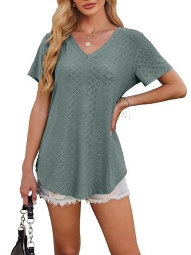 OFEEFAN Womens Tops Dressy Casual V Neck Short Sleeve Cute Plus Size T Shirts 2026 Spring Flowy Tees Summer Beach Vacation Outfits for Women Fashion Clothes Clothing Green 2XL