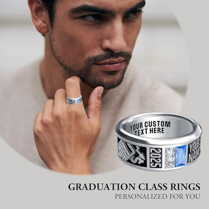 MEIDERBO Personalized Class Ring High School College Custom Birthstone Rings 925 Sterling Silver Engraved 2025 Graduation Jewelry Gifts for Men Size 4-15