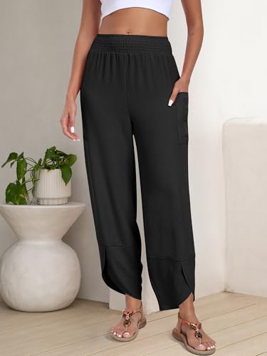 ANRABESS Womens Wide Leg Palazzo Capri Pants 2026 Summer Casual High Waisted Barrel Lounge Flowy Cropped Beach Work Trousers Black Large