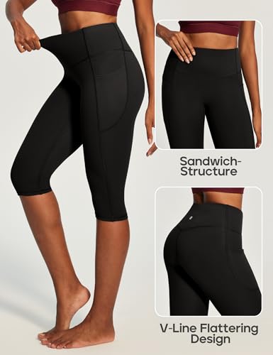 Heathyoga Capri Leggings with Pockets for Women Tummy Control Knee Length Leggings Yoga Pants Women Capri Pants Workout Black