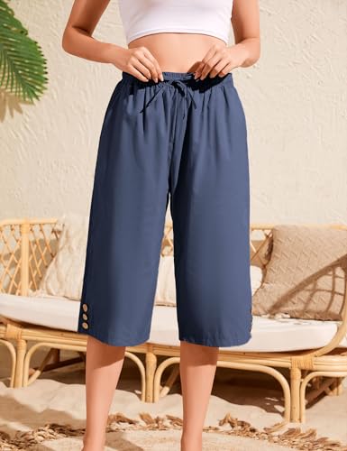 WROLEM Women’s Casual Capris Loose High Waist Elastic Drawstring Pants with Pockets Lightweight Button Trim Trousers Navy