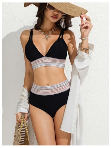 SOLY HUX Women's High Waisted Bikini Deep V Neck Two Piece Swimsuit Tummy Control Bathing Suits Swimwear Black Multi Medium