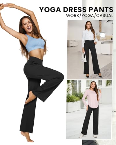 G4Free Petite Wide Leg Pants for Women Yoga Dress Pants with Pockets Straight Leg Sweatpants Stretch Business Casual Work Pants(Black,S,29")