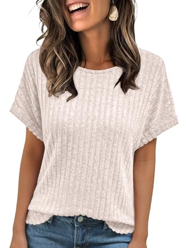 AUTOMET Women Summer Tops 2026 Spring Sweaters Dressy Casual Short Sleeve Shirts Business Blouses Apricot XS