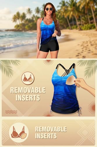 Tempt Me Two Piece Tankini Swimsuits for Women Tummy Control Bathing Suit with Shorts Athletic Swimwear Blue Gradient L