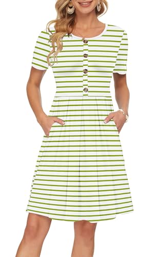 Vanya Maxi Dress in Zebra - Women's Short Sleeve Summer Dress Pleated Button Down Knee Length Dresses with Pockets 2025 Modern Green Stripes White