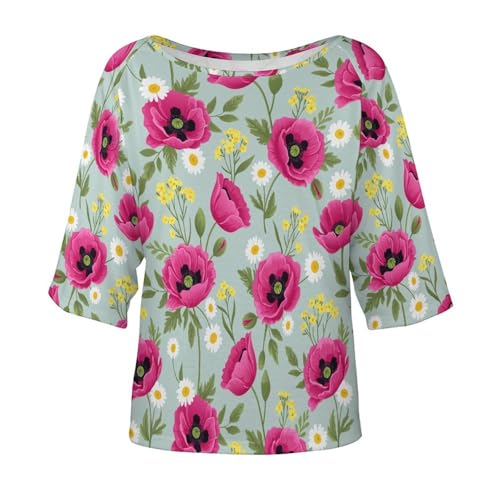 Off Shoulder Mid Sleeve Tee Relaxed Fit Soft Women's Top Streetwear Fashion Spring Poppy Daisy Blue Floral Pattern 5XL