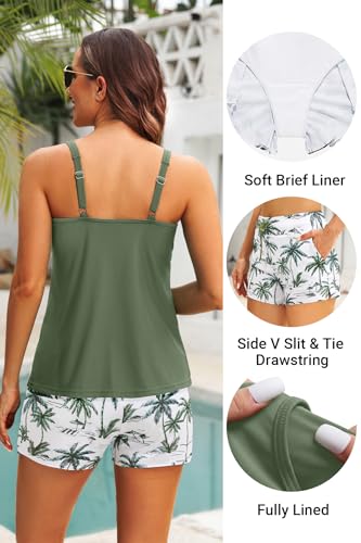 Tempt Me Green Leaves Two Piece Tankini Swimsuits for Women Tummy Control Bathing Suit with Shorts Athletic Swimwear XL